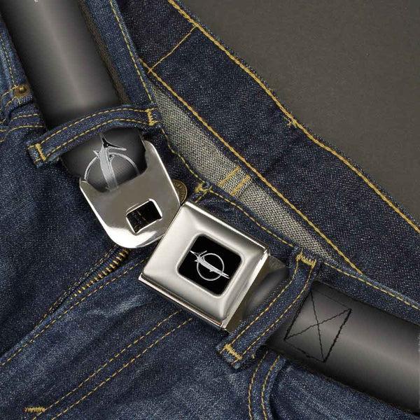 Buckle Down Barracuda Emblem Full Color Black Silver Seatbelt Belt - Barracuda Emblem Repeat Gray Fade/Silver Webbing