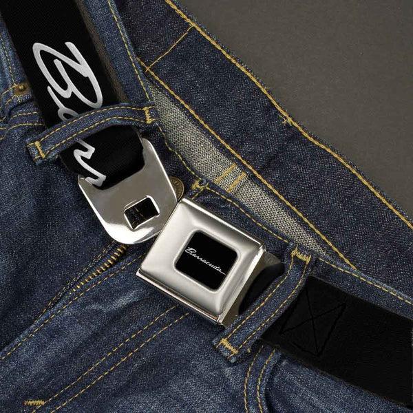 Buckle Down BARRACUDA Script Logo Full Color Black White Seatbelt Belt - BARRACUDA Script Logo Black/Silver Webbing