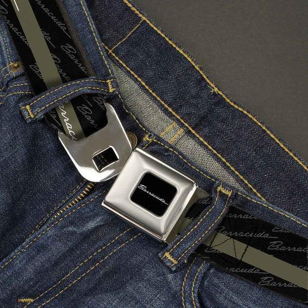Buckle Down BARRACUDA Script Logo Full Color Black White Seatbelt Belt - BARRACUDA Script Stripe/Monogram Black/Gray/Olive/Silver Webbing