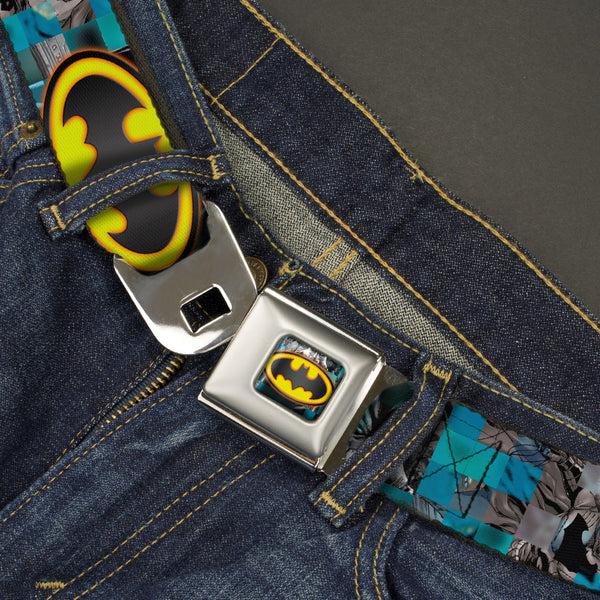Buckle Down Bat Shield Glow Checkers Full Color Blues Grays Gold Black Seatbelt Belt - Batman Detective Comics 2-Poses/Bat Signal Checker Blues/Grays/Yellow/Black Webbing
