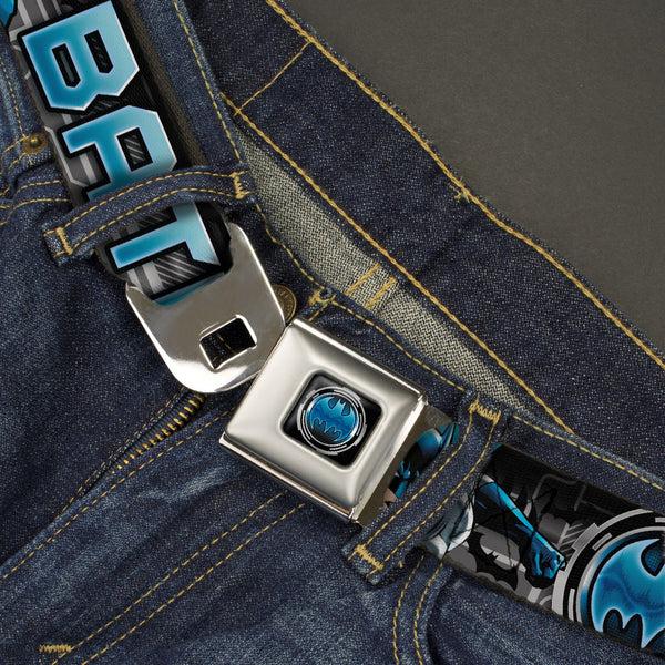 Buckle Down Bat Signal Full Color Black Gray Blues Seatbelt Belt - BATMAN Poses/Bat Signal CLOSE-UP Black/Grays/Blues Webbing