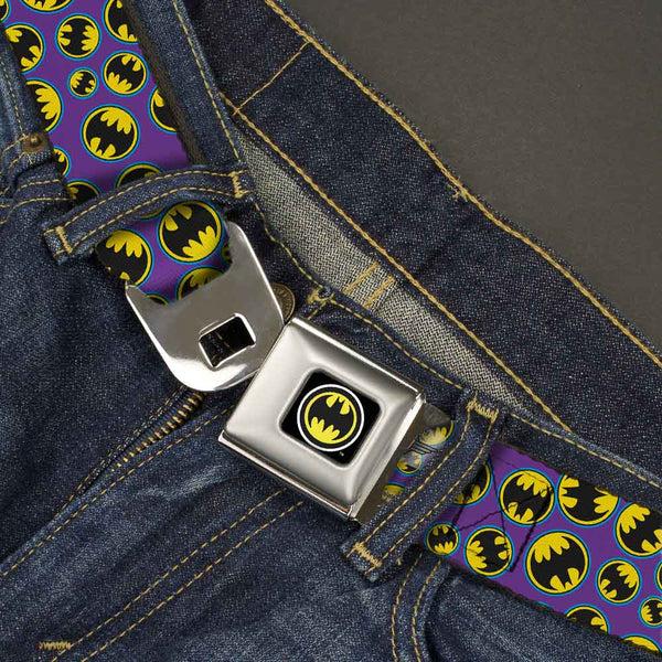 Buckle Down Bat Signal Full Color Black White Yellow Seatbelt Belt - Bat Signal Scattered Purple/Blue/Yellow/Black Webbing