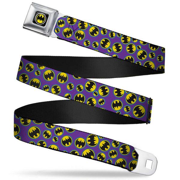 buckle down Bat Signal Full Color Black White Yellow Seatbelt Belt - Bat Signal Scattered Purple/Blue/Yellow/Black Webbing