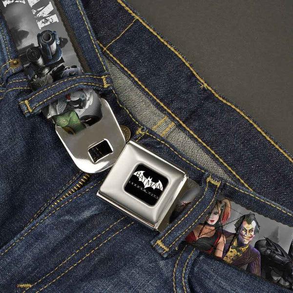 Buckle Down BATMAN-ARKHAM CITY Logo Full Color Black White Seatbelt Belt - ARKHAM CITY 9-Character Group Grays/White Webbing Webbing