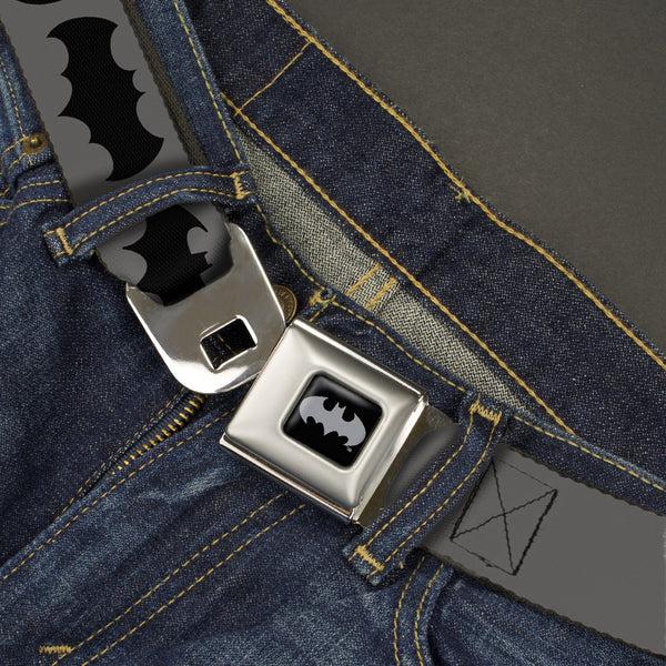 Buckle Down Batman Black Silver Seatbelt Belt - Bat Logo Transitions Gray/Black Webbing