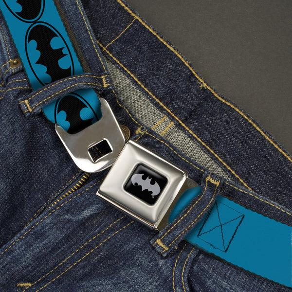 Buckle Down Batman Black Silver Seatbelt Belt - Bat Signal-3 Blue/Black/Blue Webbing