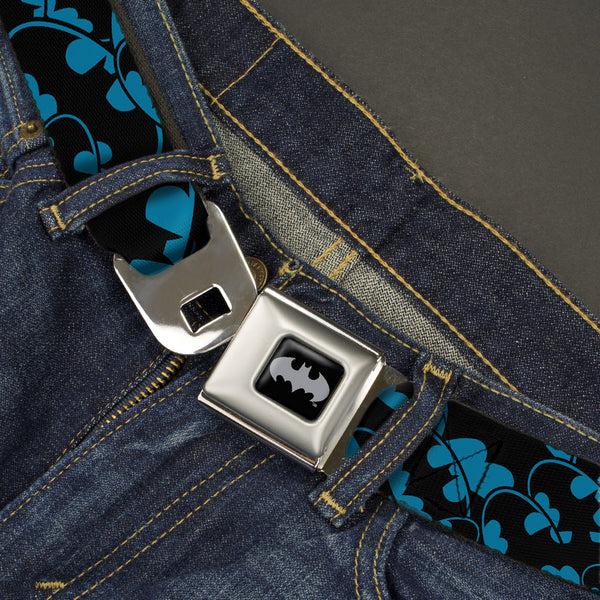 Buckle Down Batman Black Silver Seatbelt Belt - Bat Signals Stacked Blue/Black Webbing