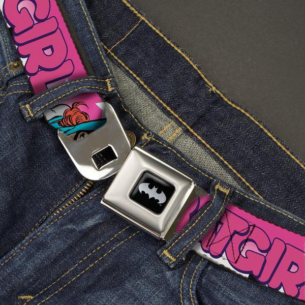 Buckle Down Batman Black/Silver Seatbelt Belt - BATGIRL Bubble Letters W/Stars Pink/White Webbing