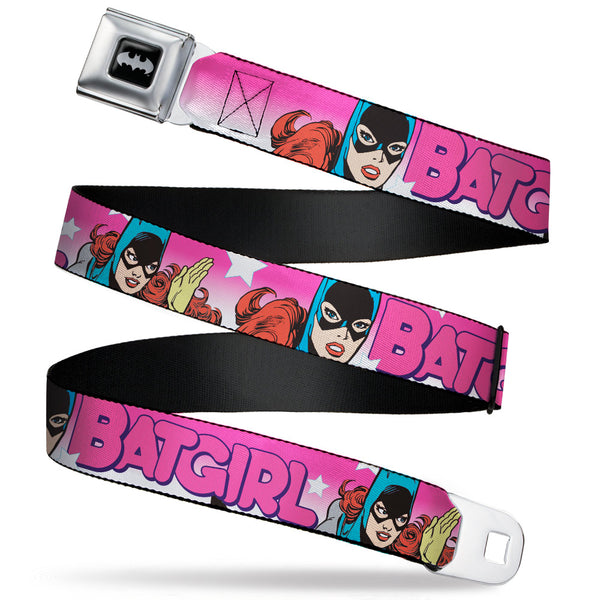 buckle down Batman Black/Silver Seatbelt Belt - BATGIRL Bubble Letters w/Stars Pink/White Webbing