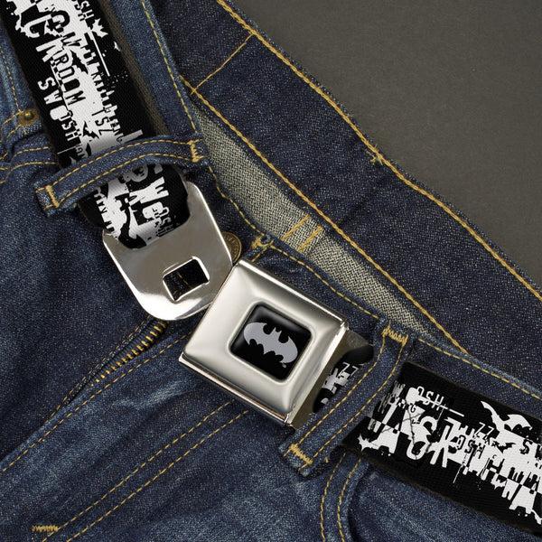 Buckle Down Batman Black Silver Seatbelt Belt - Batman Action Verbiage Black/White Webbing