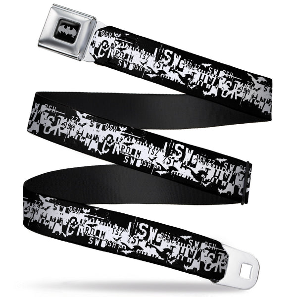 buckle down Batman Black Silver Seatbelt Belt - Batman Action Verbiage Black/White Webbing