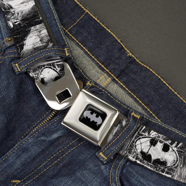 Buckle Down Batman Black Silver Seatbelt Belt - Batman Face/Bat Shield Sketch White/Black Webbing