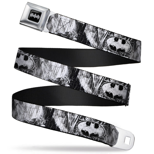 buckle down Batman Black Silver Seatbelt Belt - Batman Face/Bat Shield Sketch White/Black Webbing