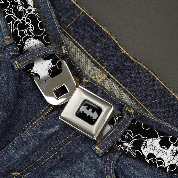 Buckle Down Batman Black Silver Seatbelt Belt - Batman Outlines Black/White Webbing
