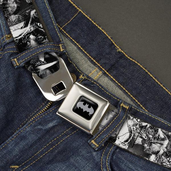 Buckle Down Batman Black Silver Seatbelt Belt - Batman Poses & Bat Shield Sketch White/Black Webbing