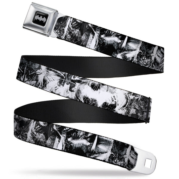 buckle down Batman Black Silver Seatbelt Belt - Batman Poses & Bat Shield Sketch White/Black Webbing