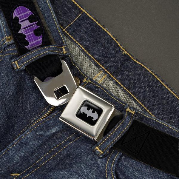 Buckle Down Batman Black Silver Seatbelt Belt - Batman Signal Black/Purple Plaid Webbing