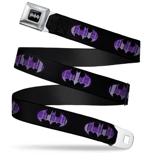 buckle down Batman Black Silver Seatbelt Belt - Batman Signal Black/Purple Plaid Webbing