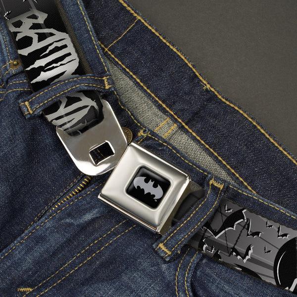 Buckle Down Batman Black Silver Seatbelt Belt - BATMAN W/Bat Signals & Flying Bats Black/White Webbing