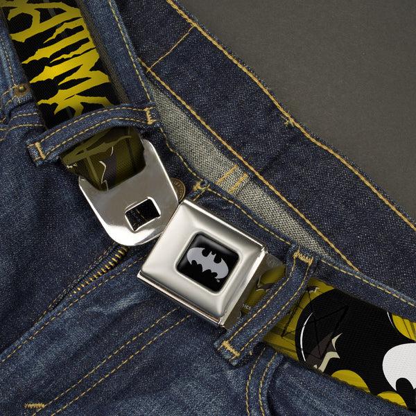 Buckle Down Batman Black Silver Seatbelt Belt - BATMAN W/Bat Signals & Flying Bats Yellow/Black/White Webbing
