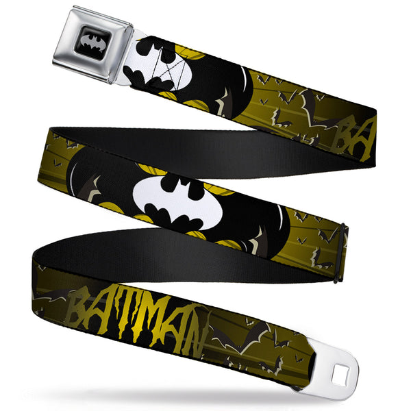 buckle down Batman Black Silver Seatbelt Belt - BATMAN w/Bat Signals & Flying Bats Yellow/Black/White Webbing