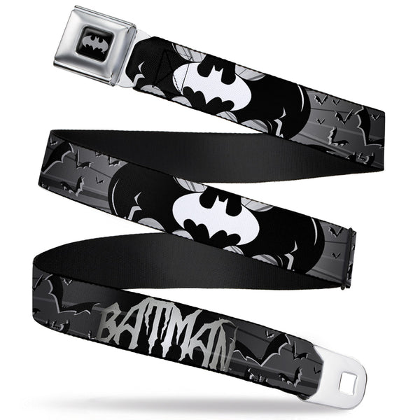 buckle down Batman Black Silver Seatbelt Belt - BATMAN w/Bat Signals & Flying Bats Black/White Webbing
