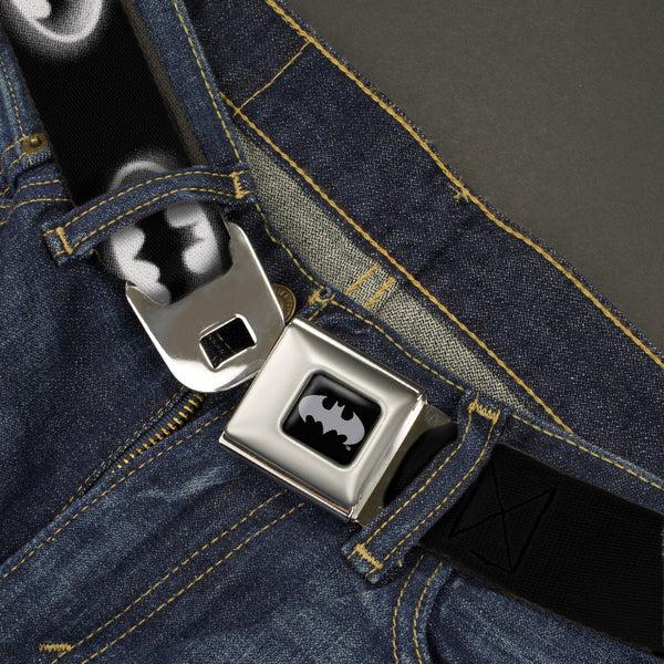 Buckle Down Batman Black Silver Seatbelt Belt - Cloudy Bat Signal Black/White Webbing