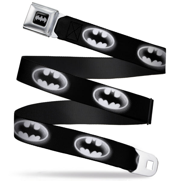 buckle down Batman Black Silver Seatbelt Belt - Cloudy Bat Signal Black/White Webbing