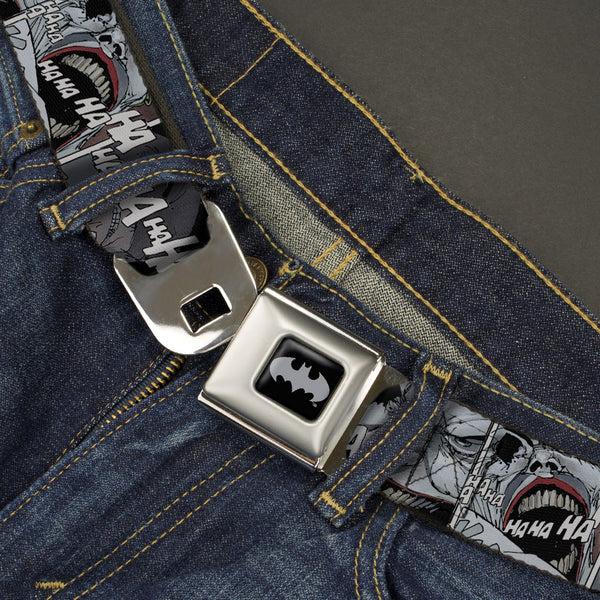 Buckle Down Batman Black Silver Seatbelt Belt - Joker Laughing CLOSE-UP Black/White Webbing