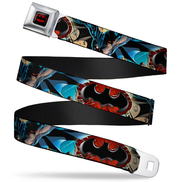buckle down Batman Full Color Black Red Seatbelt Belt - Flashpoint Batman Action Pose2/Shattered Bat Signal/Cityscape Webbing