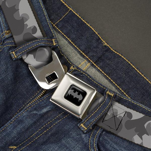 Buckle Down Batman Full Color Black Silver Black Seatbelt Belt - Bat Signal Stacked Black/Grays Webbing