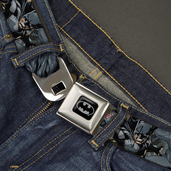 Buckle Down Batman Full Color Black Silver Black Seatbelt Belt - New 52 Batman Shooting/Jumping Poses Grays Webbing