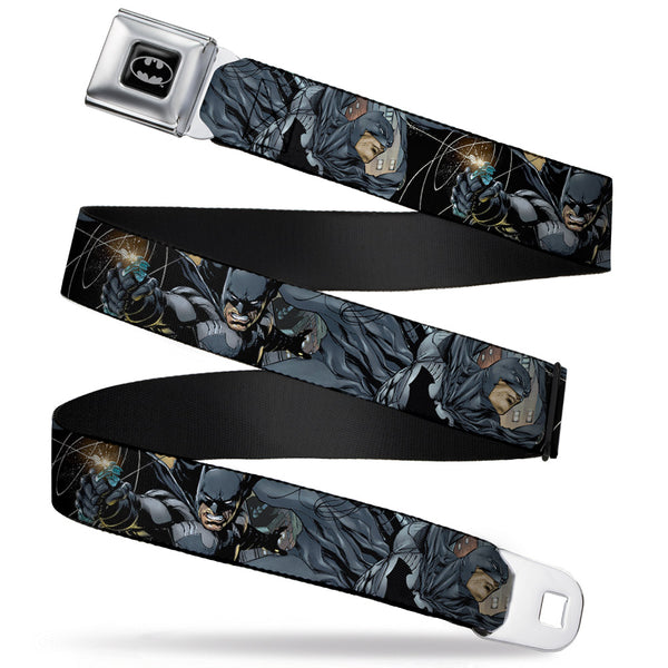buckle down Batman Full Color Black Silver Black Seatbelt Belt - New 52 Batman Shooting/Jumping Poses Grays Webbing
