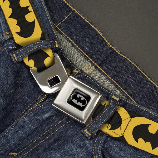 Buckle Down Batman Full Color Black Silver Black Seatbelt Belt - Bat Signal-5 Black/Yellow/Black Webbing