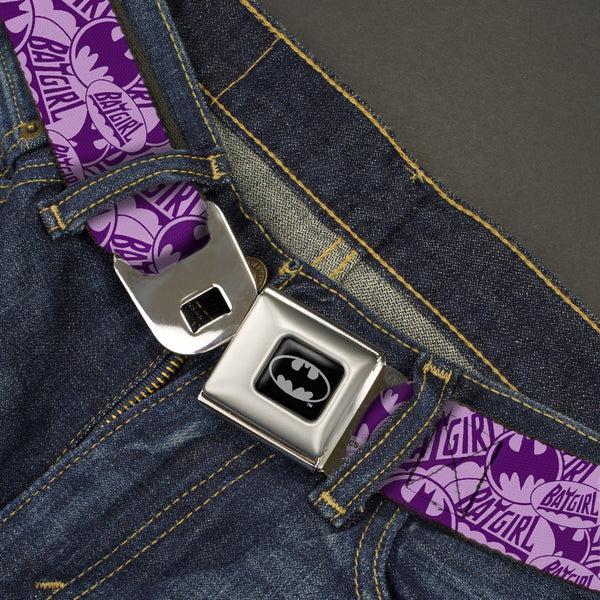 Buckle Down Batman Full Color Black Silver Black Seatbelt Belt - BATGIRL Logo/Bat Signal Stacked Purples Webbing