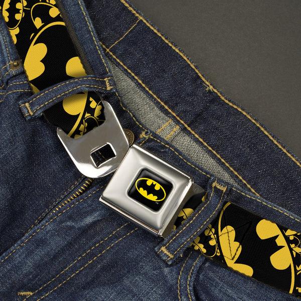 Buckle Down Batman Full Color Black Yellow Seatbelt Belt - Bat Signals Stacked W/CLOSE-UP Yellow/Black Webbing