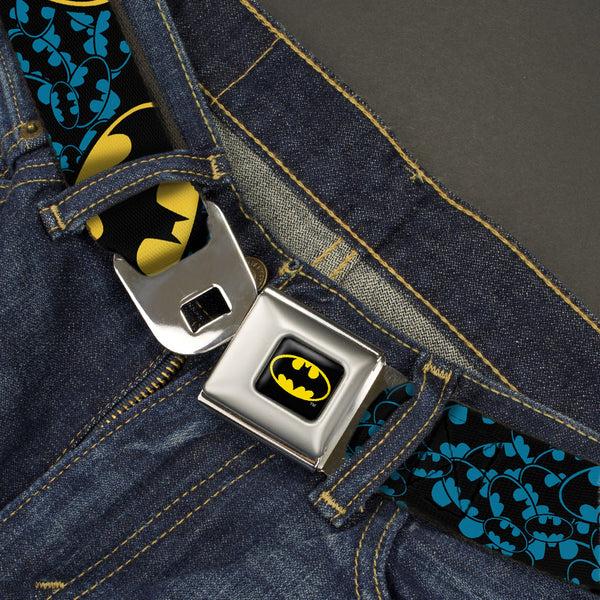 Buckle Down Batman Full Color Black Yellow Seatbelt Belt - Bat Signals Stacked W/CLOSE-UP Blue/Black/Yellow Webbing