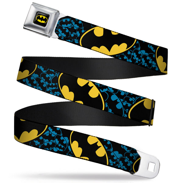 buckle down Batman Full Color Black Yellow Seatbelt Belt - Bat Signals Stacked w/CLOSE-UP Blue/Black/Yellow Webbing