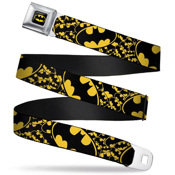 buckle down Batman Full Color Black Yellow Seatbelt Belt - Bat Signals Stacked w/CLOSE-UP Yellow/Black Webbing