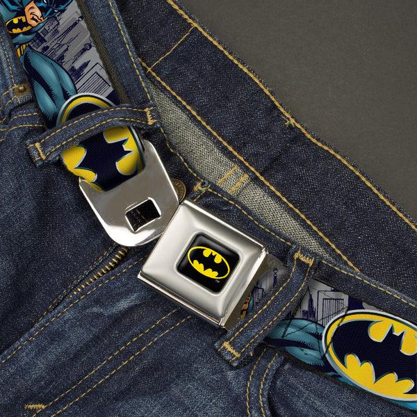 Buckle Down Batman Full Color Black Yellow Seatbelt Belt - Batman Bold Power Pose/Logo/Skyline Grays/Black Webbing