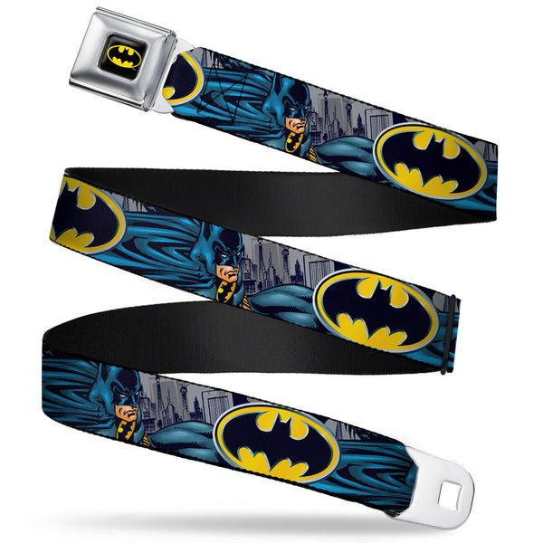 buckle down Batman Full Color Black Yellow Seatbelt Belt - Batman Bold Power Pose/Logo/Skyline Grays/Black Webbing