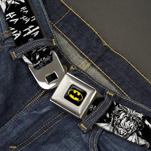Buckle Down Batman Full Color Black/Yellow Seatbelt Belt - Batman THE DARK KNIGHT And Joker Smiling Sketch Close-Ups Black/White Webbing