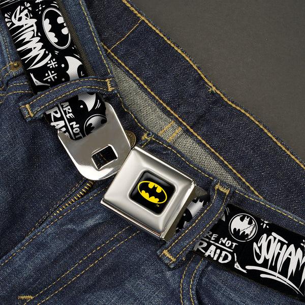 Buckle Down Batman Full Color Black/Yellow Seatbelt Belt - Batman Gotham City Graffiti Collage Black/White Webbing