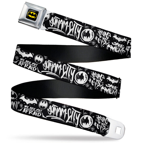 buckle down Batman Full Color Black/Yellow Seatbelt Belt - Batman Gotham City Graffiti Collage Black/White Webbing