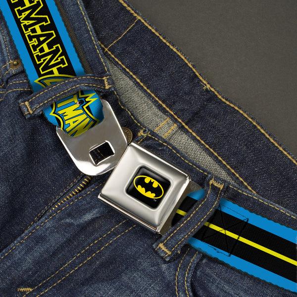 Buckle Down Batman Full Color Black Yellow Seatbelt Belt - BATMAN/Retro Logos Stripe Blue/Black/Yellow Webbing