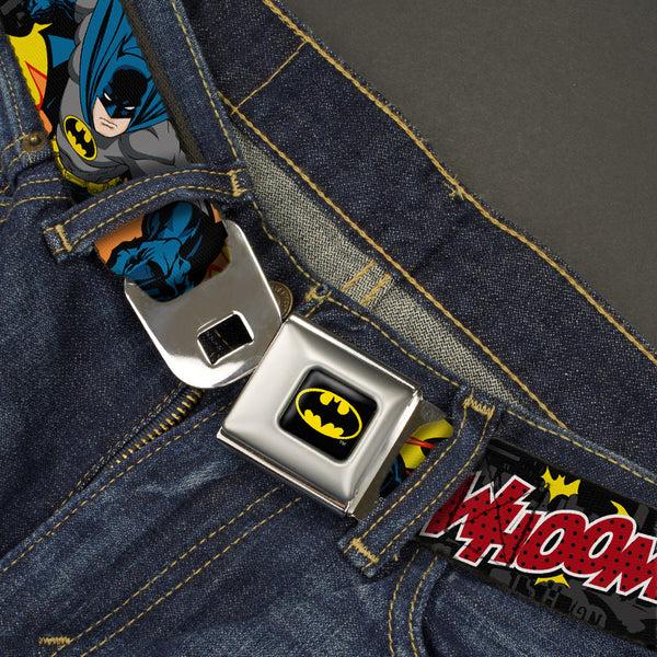 Buckle Down Batman Full Color Black Yellow Seatbelt Belt - Batman In Action WHOOM Red Skyline Webbing