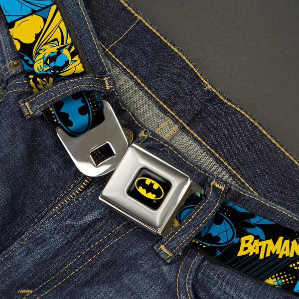 Buckle Down Batman Full Color Black/Yellow Seatbelt Belt - BATMAN Poses And Logo Collage Black/Blue/Yellow Webbing