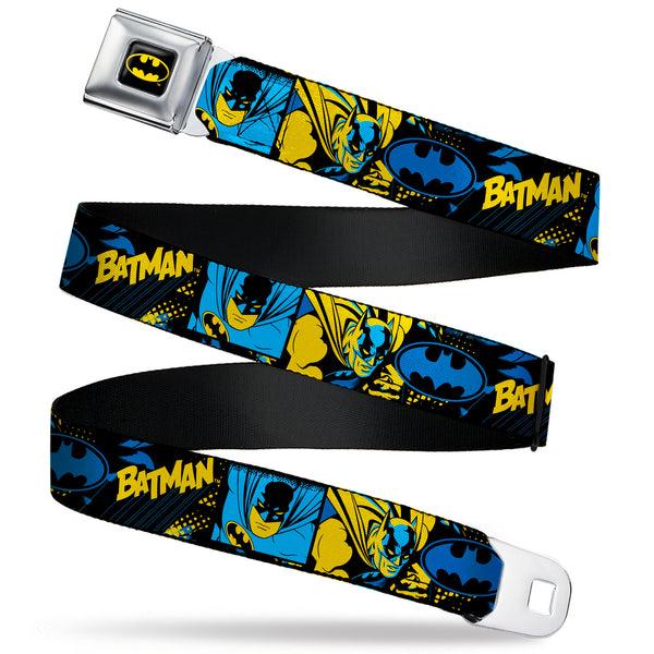 buckle down Batman Full Color Black/Yellow Seatbelt Belt - BATMAN Poses and Logo Collage Black/Blue/Yellow Webbing