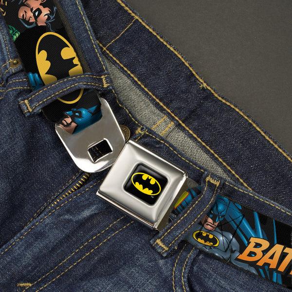 Buckle Down Batman Full Color Black Yellow Seatbelt Belt - Batman & Robin In Action W/Text Black Webbing