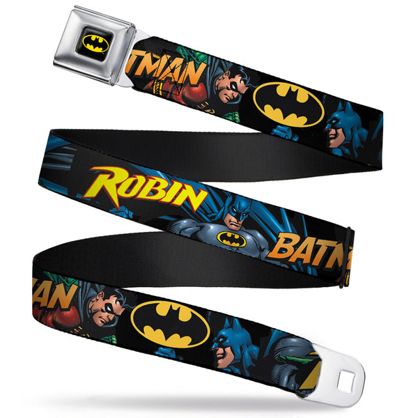 buckle down Batman Full Color Black Yellow Seatbelt Belt - Batman & Robin in Action w/Text Black Webbing